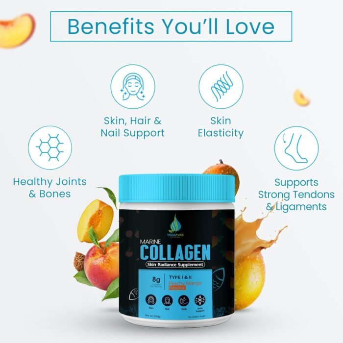 Vedapure Marine Collagen Skin Radiance Supplement Peachy Mango, 210g Hydrolyzed Collagen Powder with Amino Acids, Biotion, Vitamin C & E Healthy Skin, Joints, Hairs & Nails