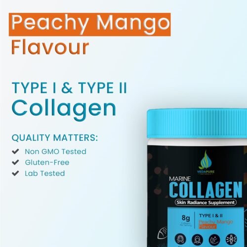 Vedapure Marine Collagen Skin Radiance Supplement Peachy Mango, 210g Hydrolyzed Collagen Powder with Amino Acids, Biotion, Vitamin C & E Healthy Skin, Joints, Hairs & Nails