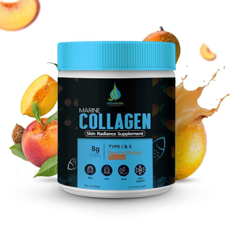 Vedapure Marine Collagen Skin Radiance Supplement Peachy Mango, 210g Hydrolyzed Collagen Powder with Amino Acids, Biotion, Vitamin C & E Healthy Skin, Joints, Hairs & Nails