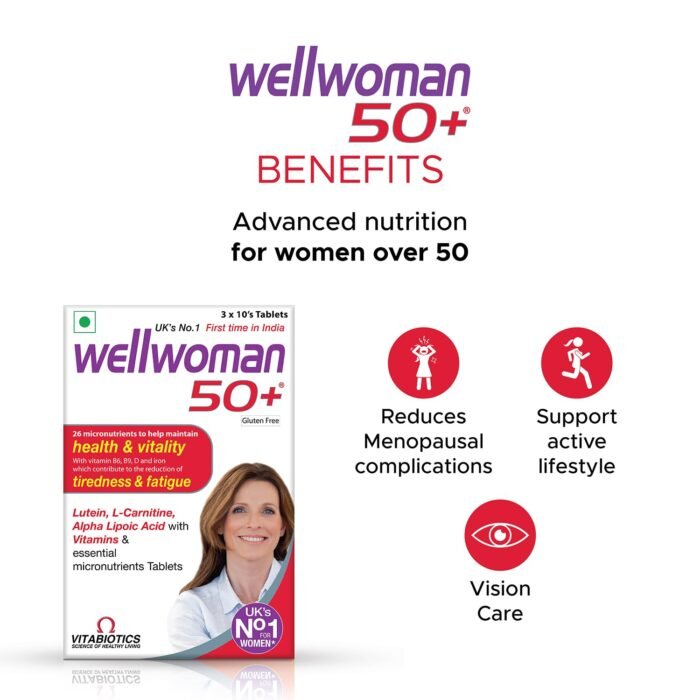 Wellwoman 50+ multivitamins for women over age 50 years with Vitamins, Iron, calcium, amino acids to support menopausal symptoms, maintain energy, Vision & Heart health Vegetarian 30 Tablets