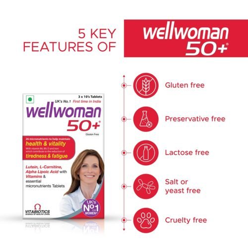 Wellwoman 50+ multivitamins for women over age 50 years with Vitamins, Iron, calcium, amino acids to support menopausal symptoms, maintain energy, Vision & Heart health Vegetarian 30 Tablets