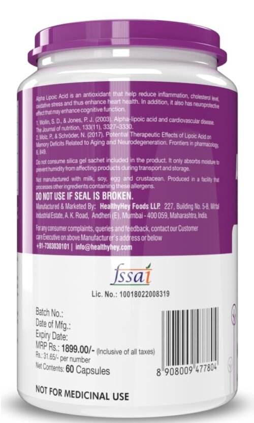HealthyHey Nutrition Alpha Lipoic Acid - ALA- Pack of 60 Veg. Capsules - Gluten Free & Non-GMO