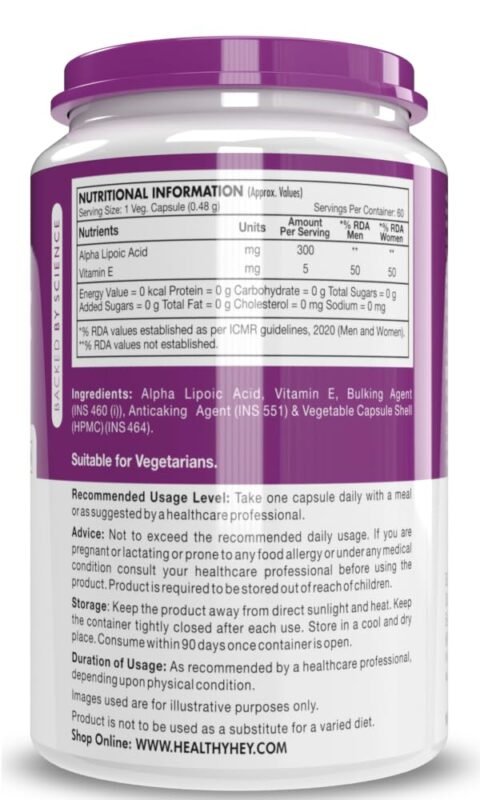 HealthyHey Nutrition Alpha Lipoic Acid - ALA- Pack of 60 Veg. Capsules - Gluten Free & Non-GMO