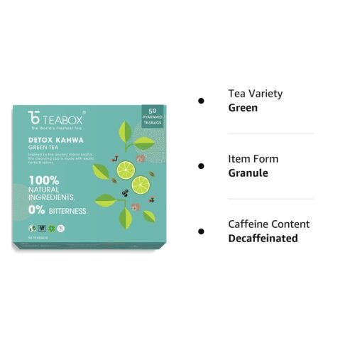 Teabox Detox Kahwa Green Tea 50 Teabags | Made with 8 Natural Ingredients | Helps Cleanse | Immunity Booster | Cold Relief | 100% Bio Degradable Teabags.