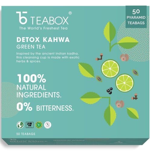 Teabox Detox Kahwa Green Tea 50 Teabags | Made with 8 Natural Ingredients | Helps Cleanse | Immunity Booster | Cold Relief | 100% Bio Degradable Teabags.