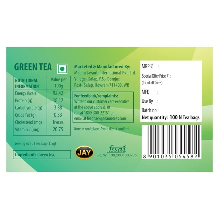 TE-A-ME Green Tea Bags 100 pcs | Green Tea | Green Tea Bags | Green Tea 100 Bags | Pure Green Tea