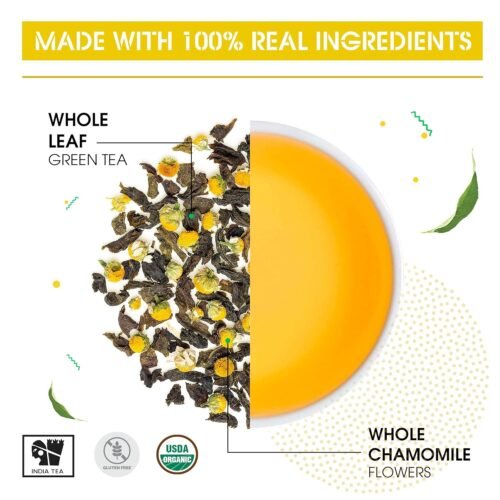 Teabox Chamomile Green Tea for Stress Relief & Good Sleep, Made with 100% Whole Leaf & Natural Chamomile Flowers, 50 Silken Pyramid Tea Bags, 200 grams