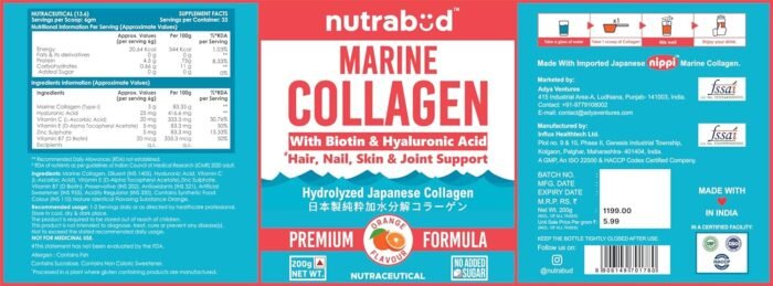 Nutrabud Japanese Marine Collagen Powder Supplement for Women, Men No Added Sugar Supports Skin Radiance, Healthy Hair, Nails & Joints