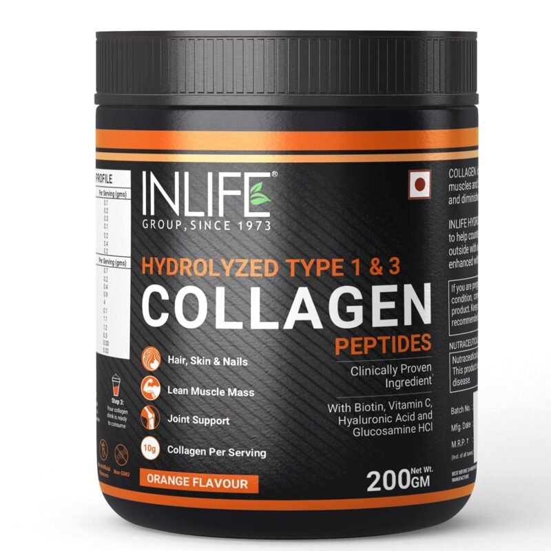 INLIFE Japanese Collagen Supplements for Women & Men | Hydrolyzed Collagen Powder For Skin, Hair & Joints | Clinically Proven Ingredient with Biotin, Hyaluronic Acid (Orange, Collagen, 200g)