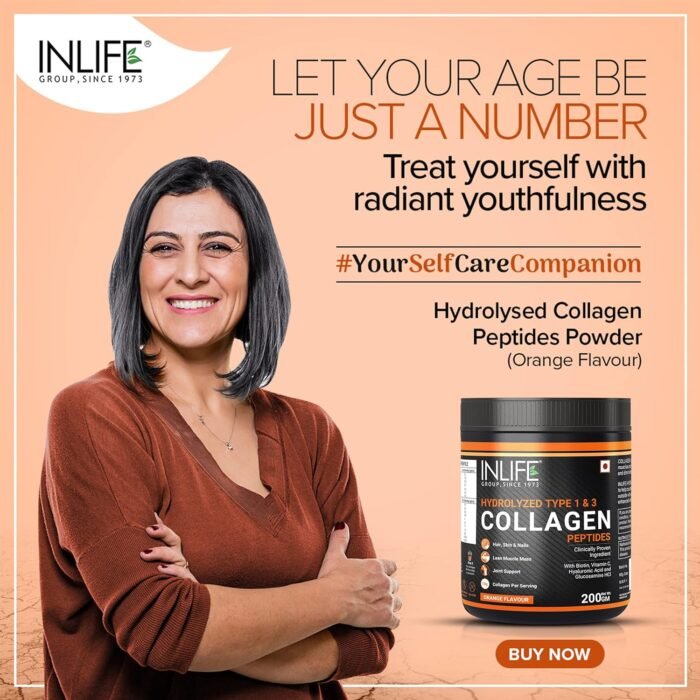 INLIFE Japanese Collagen Supplements for Women & Men | Hydrolyzed Collagen Powder For Skin, Hair & Joints | Clinically Proven Ingredient with Biotin, Hyaluronic Acid (Orange, Collagen, 200g)