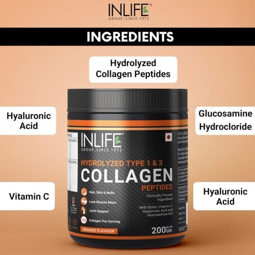 INLIFE Japanese Collagen Supplements for Women & Men | Hydrolyzed Collagen Powder For Skin, Hair & Joints | Clinically Proven Ingredient with Biotin, Hyaluronic Acid (Orange, Collagen, 200g)