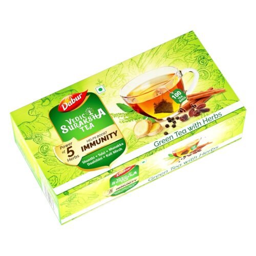 Dabur Vedic Suraksha Green Tea - 100 tea bags | Immunity Booster| with the Goodness of 5 Ayurvedic Herbs