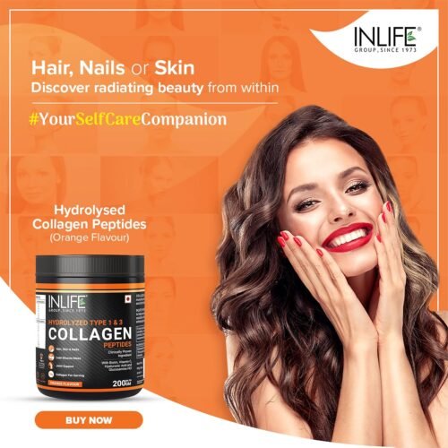 INLIFE Japanese Collagen Supplements for Women & Men | Hydrolyzed Collagen Powder For Skin, Hair & Joints | Clinically Proven Ingredient with Biotin, Hyaluronic Acid (Orange, Collagen, 200g)