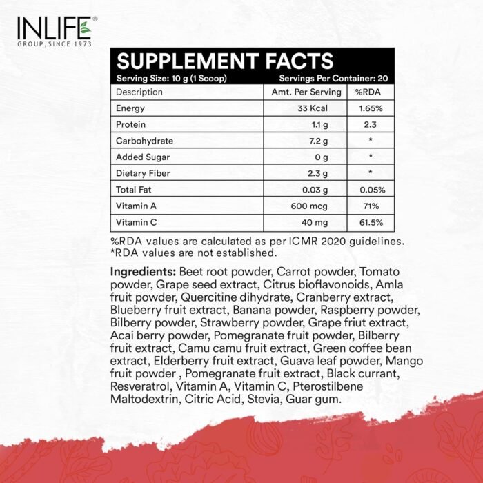 INLIFE Super Reds Powder | Antioxidant-Rich Superfood Supplement Drink Mix | 20 Super Fruits, Beets & Berries | Energize with Powerful Antioxidants Supports Energy 200g (Super Reds)