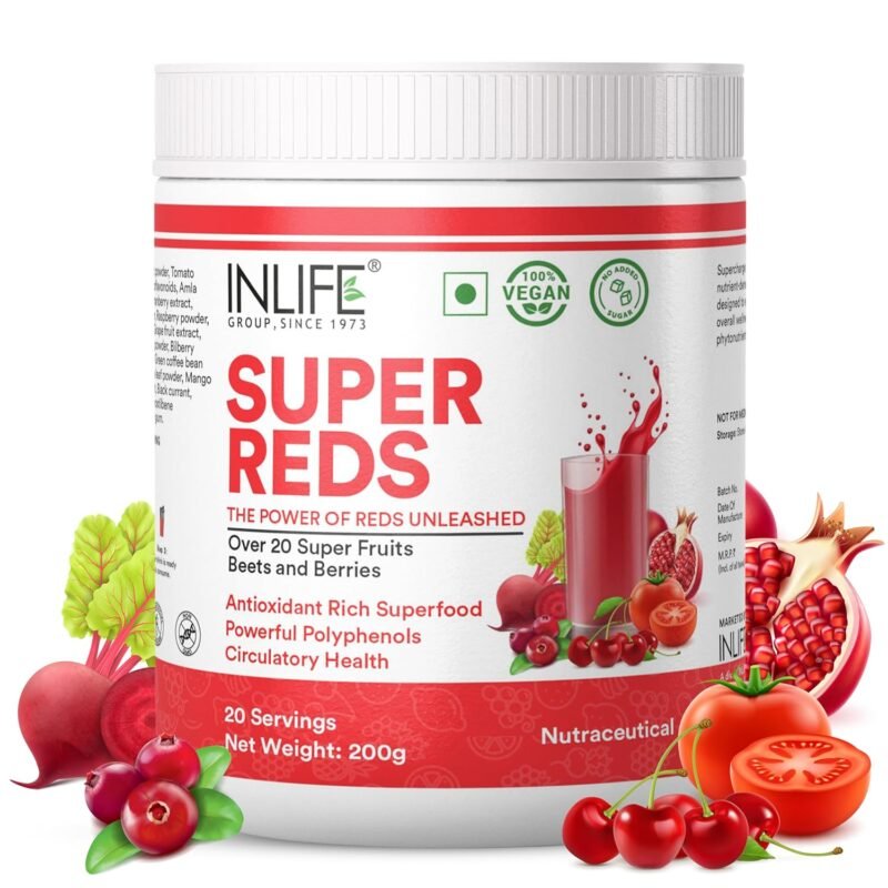 INLIFE Super Reds Powder | Antioxidant-Rich Superfood Supplement Drink Mix | 20 Super Fruits, Beets & Berries | Energize with Powerful Antioxidants Supports Energy 200g (Super Reds)