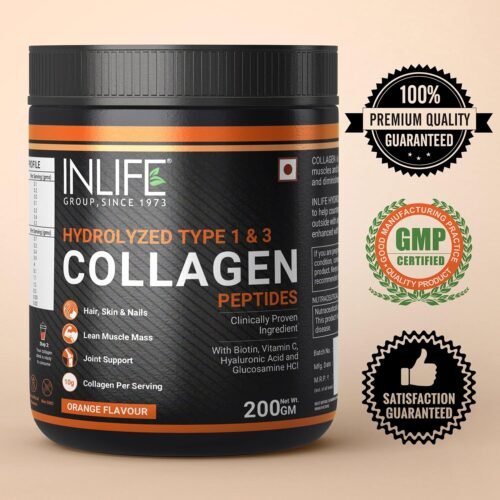 INLIFE Japanese Collagen Supplements for Women & Men | Hydrolyzed Collagen Powder For Skin, Hair & Joints | Clinically Proven Ingredient with Biotin, Hyaluronic Acid (Orange, Collagen, 200g)