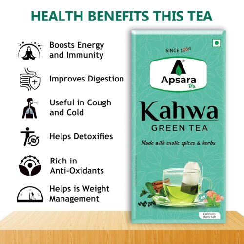 APSARA Detoxifying Kahwa Green Tea - 36 Tea Bags, Spiced Kashmiri Desi Kahwa Green Tea, Immunity Booster, Blended with Rock Salt, Tulsi, Cardamom1