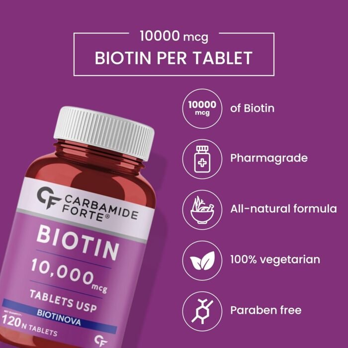 Carbamide Forte Biotin 10000mcg for Hair Growth, Skin & Nails – 120 Veg Tablets-2