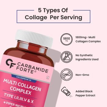 Carbamide Forte Hydrolyzed Multi Collagen Tablets 5 Types I, II, III, V & X Collagen Powder for Joint Support & Glowing Skin