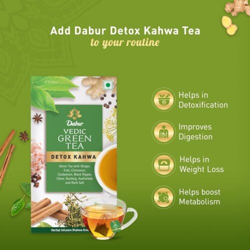 DABUR Vedic Detox Kahwa Green Tea - 25 Teabags Blend Of 8 Real Ayurvedic Herbs & Rock Salt Helps In Detoxification Improves Digestion