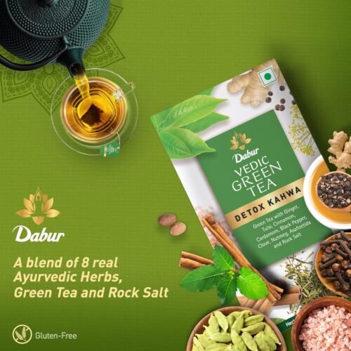 DABUR Vedic Detox Kahwa Green Tea - 25 Teabags Blend Of 8 Real Ayurvedic Herbs & Rock Salt Helps In Detoxification Improves Digestion