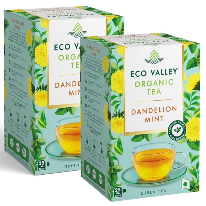 Eco Valley Organic Green Tea - Dandelion Mint - 25 Tea Bags Grown in Nilgiris Zero Calories