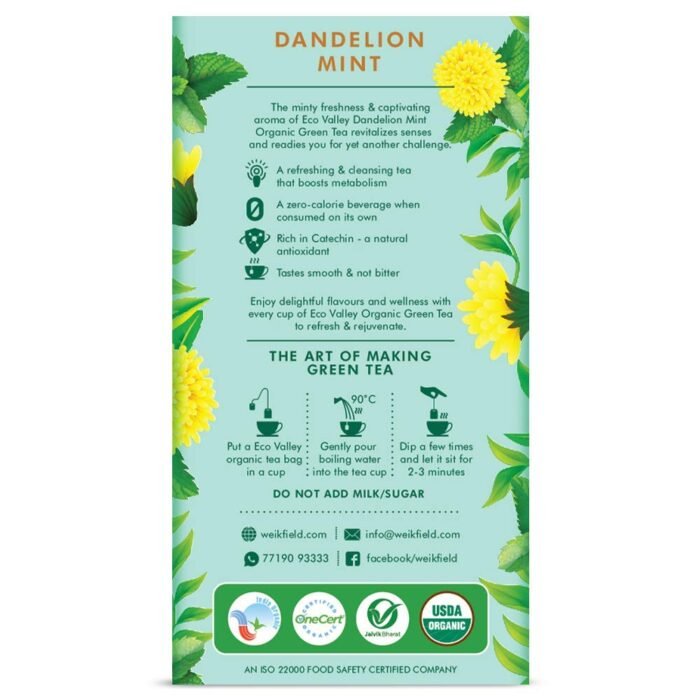 Eco Valley Organic Green Tea - Dandelion Mint - 25 Tea Bags Grown in Nilgiris Zero Calories