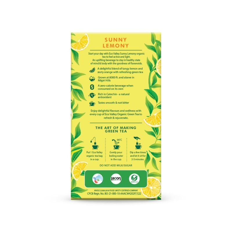 Eco Valley Organic Green TeaSunny Lemony25 Tea BagsGrown In NilgirisZero Calories