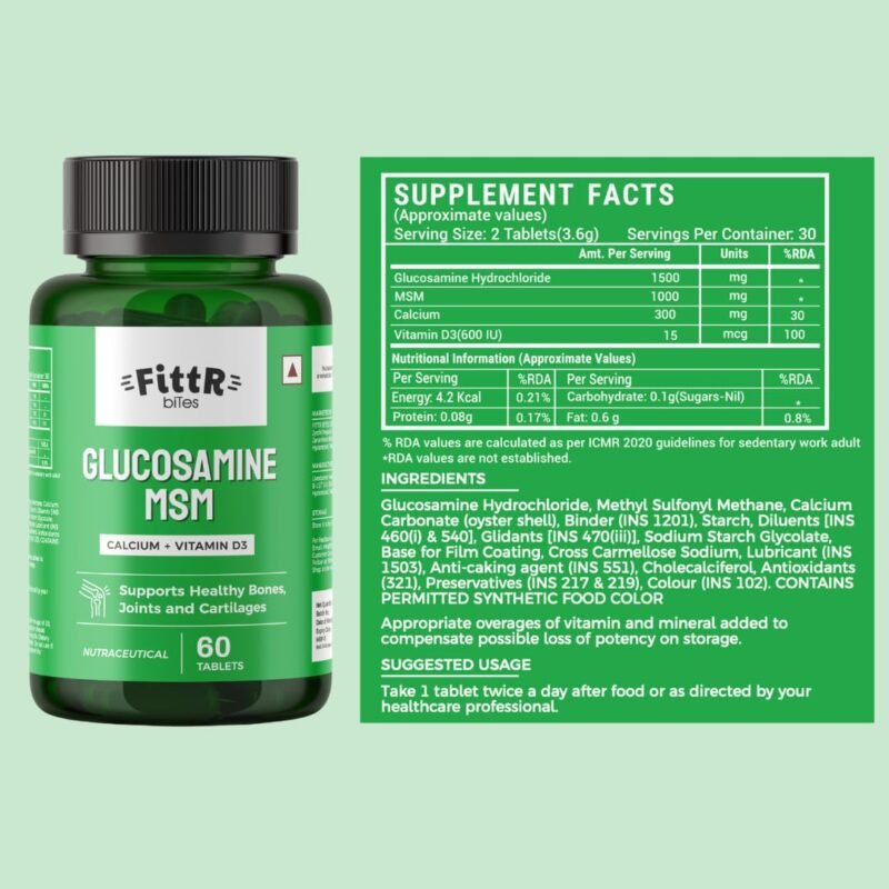 FittR Bites Glucosamine Tablets for Joints Support Supplement with MSM Calcium & Vitamin D3 Cartilage and Bone Health supplement, 60 Tablets