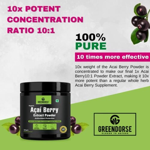 GREENDORSE Acai Berry Extract Powder, 10x Concentrated SUPERFOOD Rich in 19 amino acids, Muscle building Fibres, Antioxidant & Collagen1