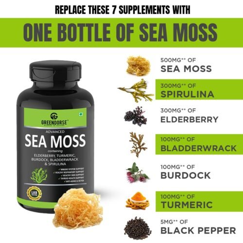 GREENDORSE Irish Sea Moss Vitality Capsules 7 In1 Formula-Gut Cleanse,Immunity,Joint & Thyroid Support-With Spirulina