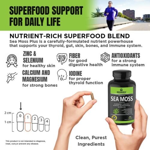 GREENDORSE Irish Sea Moss Vitality Capsules 7 In1 Formula-Gut Cleanse,Immunity,Joint & Thyroid Support-With Spirulina