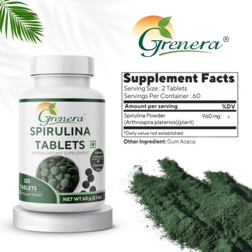 Grenera Spirulina Superfood Tablets 120 nos (1000 mg Per Serving) Pure