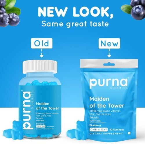 Gummies Purna Biotin Gummies for Healthy Hair, Glowing Skin & Nails (Blueberry, Sugar)