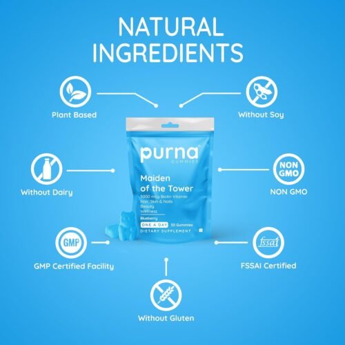 Gummies Purna Biotin Gummies for Healthy Hair, Glowing Skin & Nails (Blueberry, Sugar)