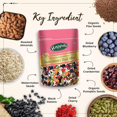 Happilo Premium International Supermom Trail Mix, Roasted Almonds, Pumpkin, Flax & Watermelon Seeds, Dried Cranberries, Blueberries, Afgan Black Raisins