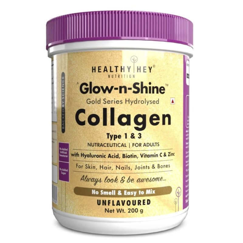 HealthyHey Skin Glow-n-Shine Collagen Power 200g Hydrolysed Collagen for Women and Men with Hyaluronic Acid, Biotin and Vitamin C for Healthy Skin, Hair and Nails - (Unflavoured, 200gm)