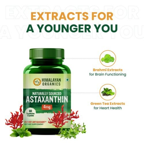 Himalayan Organics Naturally Sourced Astaxanthin 4mg Supports Antioxidant Brain,Eye & Skin Health Improves Muscle Endurance & Recovery