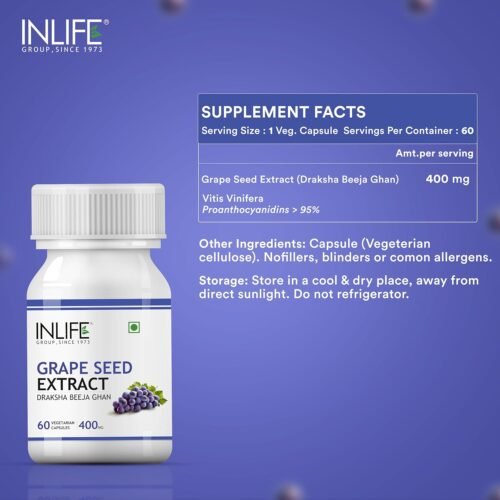 INLIFE Grape Seed Extract (Proanthocyanidins 95%) Antioxidant, 400 mg - 60 Vegetarian Capsules