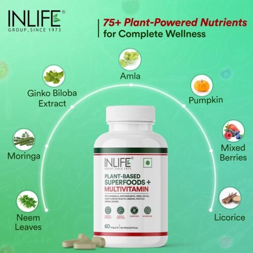 INLIFE Plant Based Multivitamin Tablets for Men & Women 75+ Ingredients with Vitamins B12, D3, Superfoods, Greens, Vegetables, Fruits & Herbs3