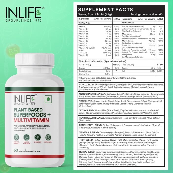 INLIFE Plant Based Multivitamin Tablets for Men & Women 75+ Ingredients with Vitamins B12, D3, Superfoods, Greens, Vegetables, Fruits & Herbs3