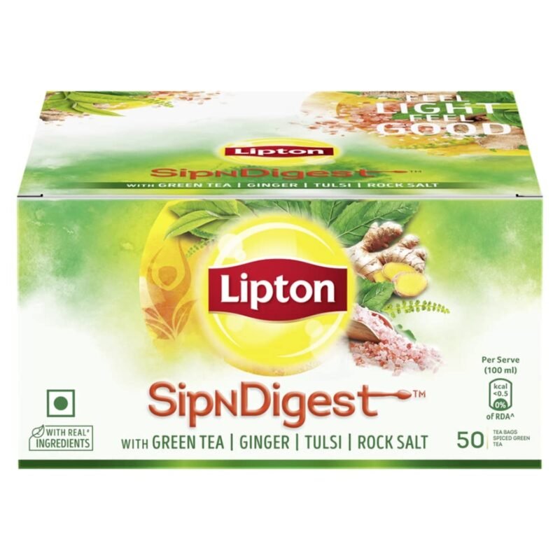 Lipton Sipndigest with Green Tea, Ginger, Tulsi & Rock Salt (Spiced Green Tea Bags), 50 Pcs, 90 Grams