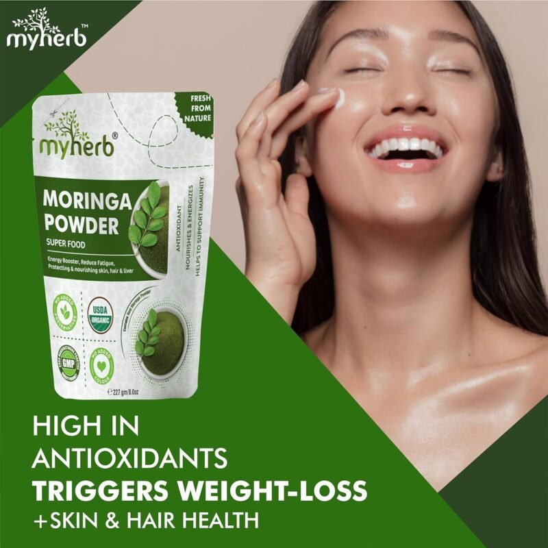 MYHERB Organic Moringa Powder 227 gm Ayurvedic Support For Holistic Wellness Herbal Supplement Rich In Antioxidants Good For Digestion, Energy, Immunity, Weight Loss (227 g (Pack of 1))