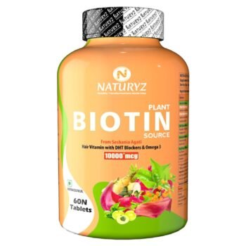 NATURYZ 100% Plant Based Biotin Tablets with High Protein Vitamin DHT Omega 3 for Strong Hairs, Nails Growth & Glowing Skin - 60 Tablets