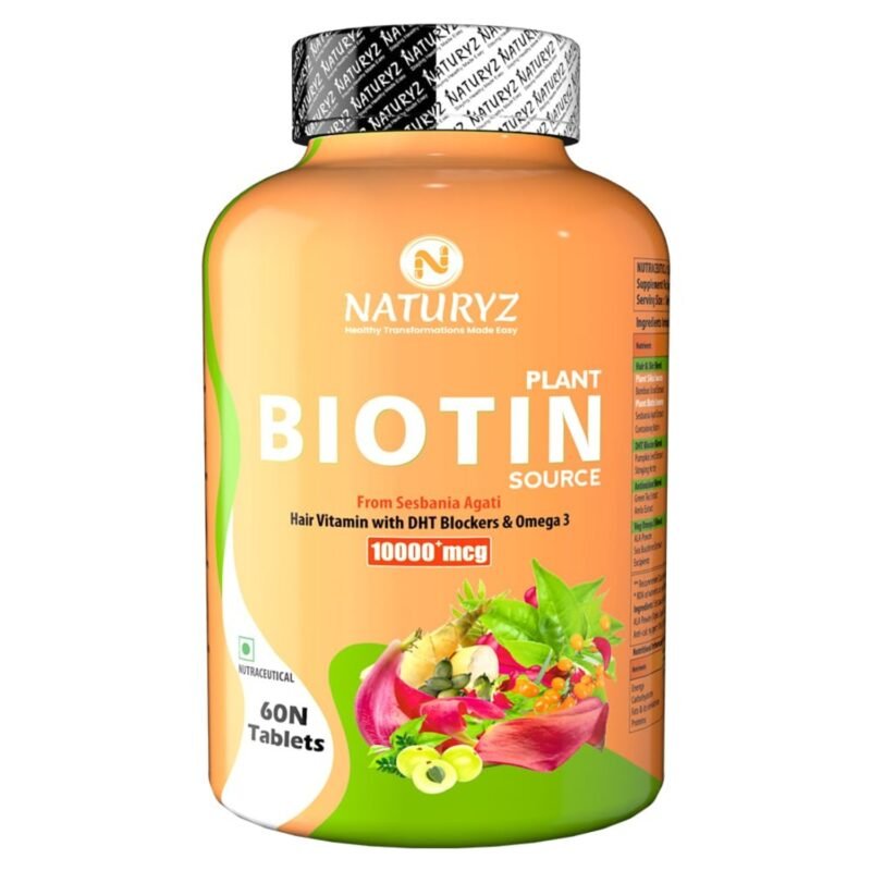 NATURYZ 100% Plant Based Biotin Tablets with High Protein Vitamin DHT Omega 3 for Strong Hairs, Nails Growth & Glowing Skin - 60 Tablets