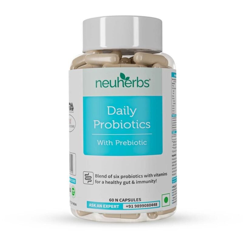 Neuherbs Daily Probiotics with Prebiotic, Blend of six healthy Probiotics (20 Billion CFU) with added Vitamin C, E & Selenium For Immunity & Gut Health - 60 Capsules for Women & Men