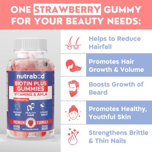 Nutrabud Biotin Hair Gummies For Women, Men No Added Sugar For Healthy Hair Growth, Skin Glow & Strong Nails Strawberry Flavor Veg Gummy Bear Supplement - 60 Count (Pack of 1)