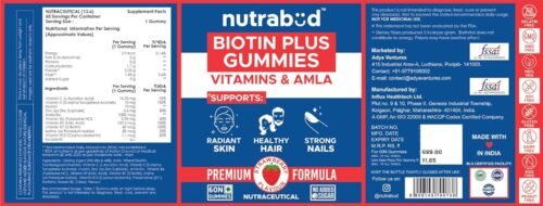 Nutrabud Biotin Hair Gummies For Women, Men No Added Sugar For Healthy Hair Growth, Skin Glow & Strong Nails Strawberry Flavor Veg Gummy Bear Supplement - 60 Count (Pack of 1)