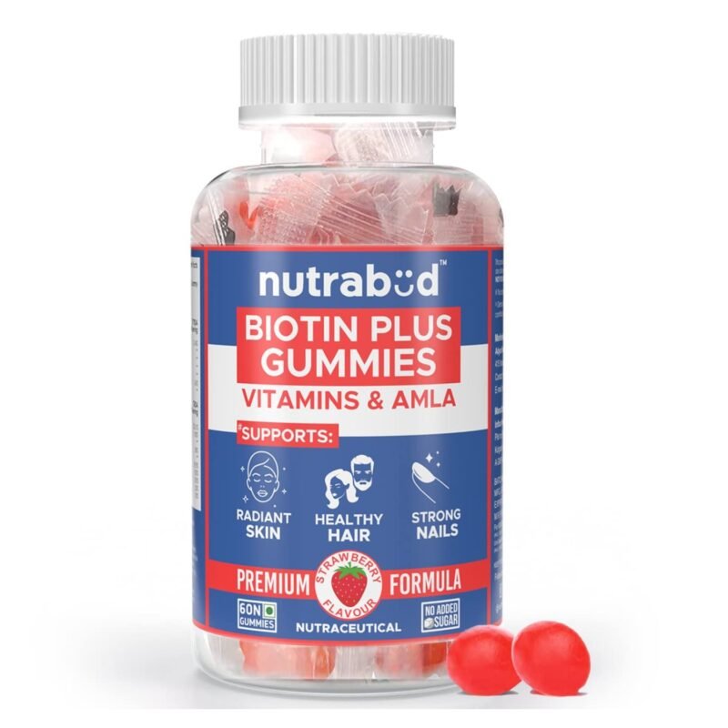 Nutrabud Biotin Hair Gummies For Women, Men No Added Sugar For Healthy Hair Growth, Skin Glow & Strong Nails Strawberry Flavor Veg Gummy Bear Supplement - 60 Count (Pack of 1)