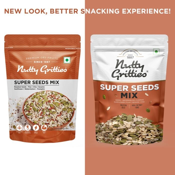 Nutty Gritties Premium Super Seed Trail Mix 200g - 6 Super Seed in 1 Mix Roasted Unsalted Mix Seeds - Flax, Chia, Sesame, Sunflower, Watermelon, Pumpkin Seeds, Mixed Seeds for Eating